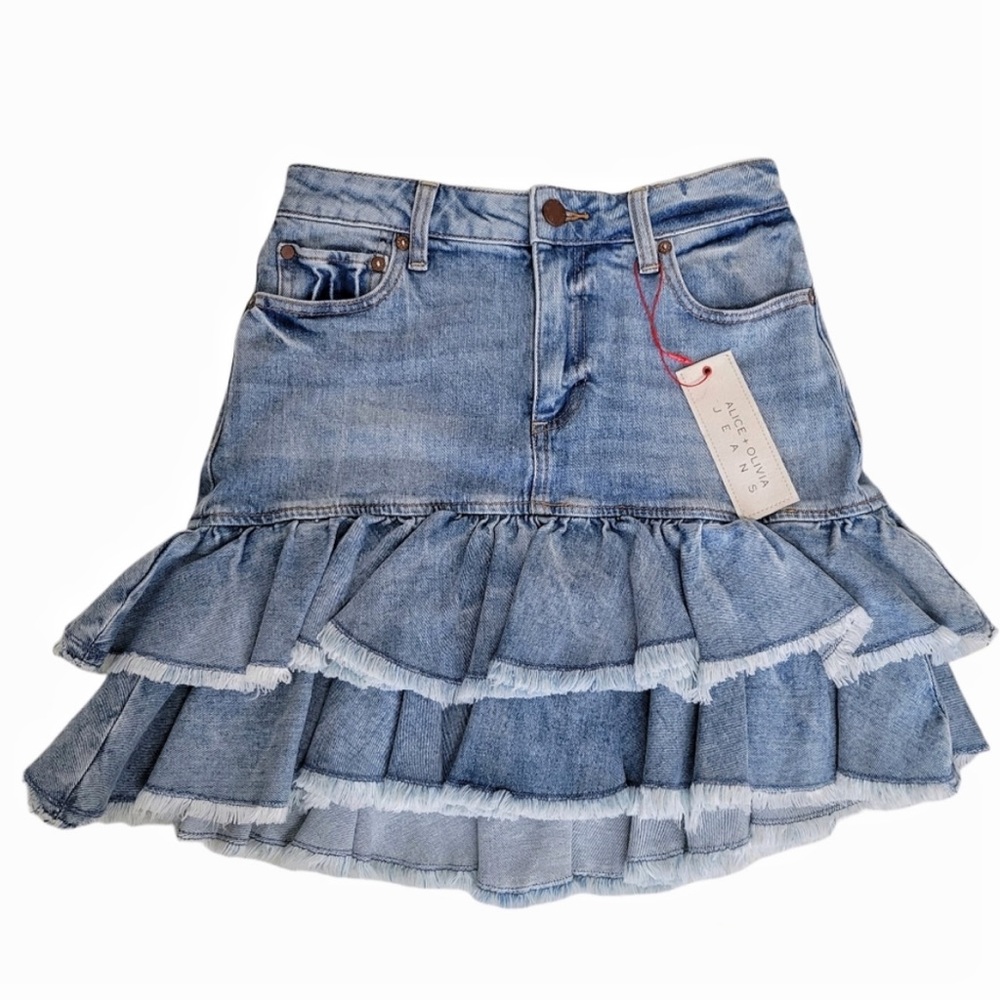 Alice + Olivia Good Ruffled Denim Mini Skirt In She Has It All Size 26/ Size 2